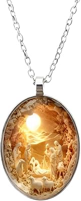 Nativity Scene Necklace for Women, Adjustable Religious Memorial Jesus Necklace Christ Oval Egg Glass Pendant Holidays Jewelry GiftNOT 3D ONLY a photo under glass