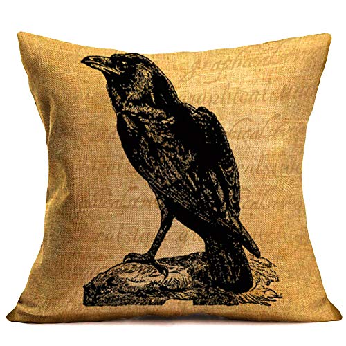 Throw Pillow Covers Halloween Crow Pillowcases Cotton Linen Retro Halloween Decorative Pillow Cover Sofa Waist Throw Cushion Cover 18" X 18" (Crow)