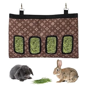 Rabbit Hay Feeder Bag, Large Capacity Rabbit Hay Bag Small Animal Hanging Hay Bag 600D Oxford Cloth Bunny Hay Feeder Bag for Rabbits Guinea Pigs Chinchillas (Brown-4 Holes-1Pcs)