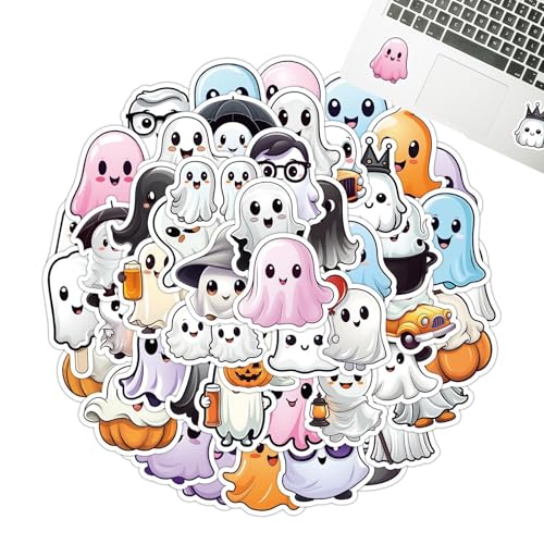 Calcomanías de fantasma, 50 unidades, impermeables, para laptop, botella de agua, equipaje, teléfono, monopatín, coche, computadora, paquete variado, calcomanías de Halloween