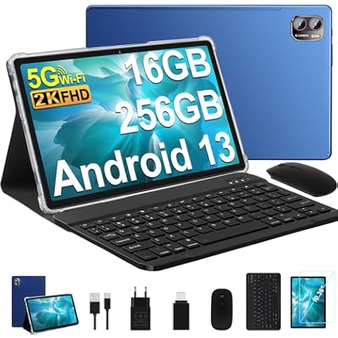 MEBERRY 2024 Tablet Android 13 2K Screen, Tablet 16GB RAM + 256GB ROM + TF 1TB / 2000 x 1200 Pixels / 5G WiFi / 8600 mAh / 5MP + 13MP,Tablet with Mouse Keyboard Blue Cover