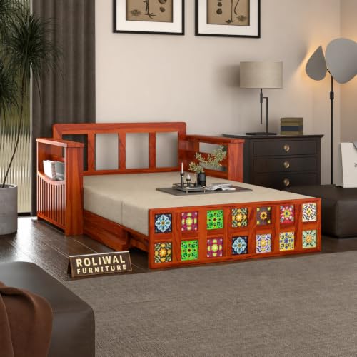 Image of Solid Sheesham Wood Sofa Cums Bed with Mattress & Storage | Rosewood Convertible Sofa Bed for Living Room & Bedroom (F-Honey, 2 Seater)