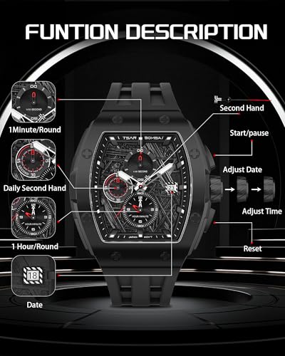 Image of Tsar Bomba Mens Watches Quartz Wristwatch for Men Waterproof 50M Analog Luxury Tonneau Chronograph Calendar Date Men's Dress Business Work Watch Gift for Men