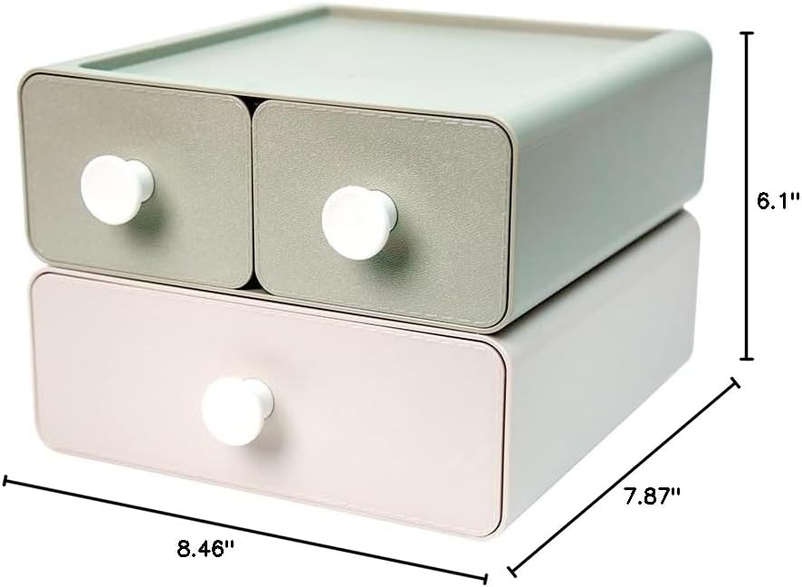 2 PCS Stackable Plastic Desk Organizer, Drawer Type Desktop Storage Box, Cosmetics Makeup Stationery, Gel Pens, Pencils, Markers, Tape, Erasers, Paperclips, Chargers, MD-2012 (Beige&Green)