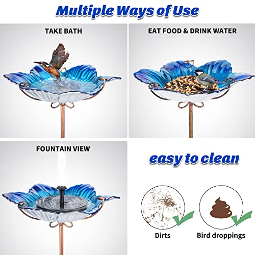 Mumtop Bird Baths For Outdoors Glass Bird Bath Bowl Bird Feeder Blue Flower Pattern With Metal Stake For Garden, Yard And Lawn Decor #TOP4
