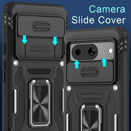 DEERLAMN Google Pixel 8 Slide Camera Cover + Screen Protector - Black | Military Grade Shockproof Stand | Black