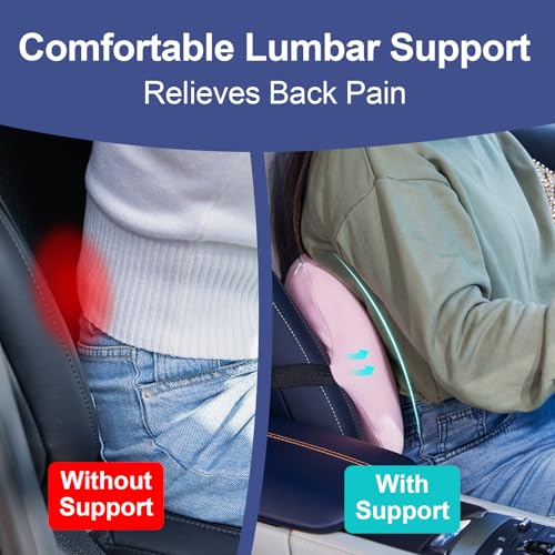 Image of BYMECOST Lumbar Support Pillow for Car, Memory Foam Car Seat Back Support Pillow for Driving, Back Cushion with Strap for Pain Relief, Ergonomic Back Cushion for Office Chair, Wheelchair (Pink)