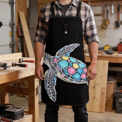 Delantal de trabajo con estampado de tortuga marina y 8 bolsillos miniatura 5