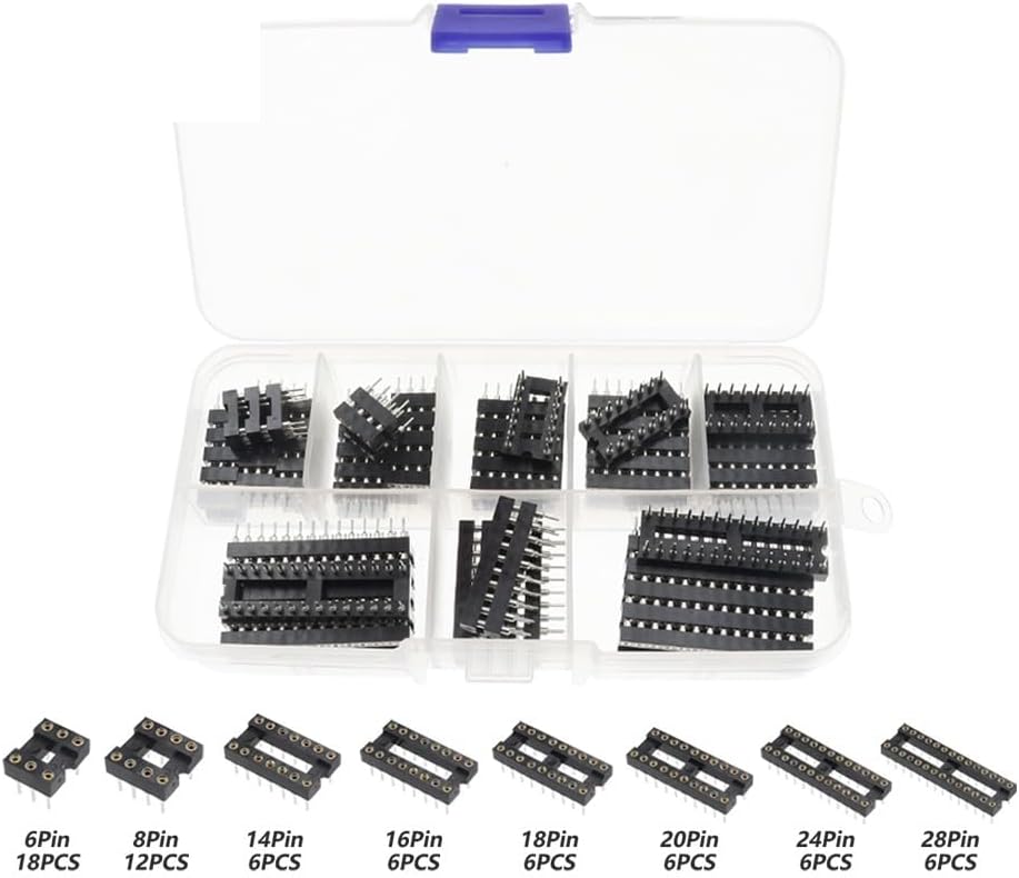 66PCS Round Foot DIP IC Sockets Adaptor Solder Type Socket Kit 6,8,14,16,18,20,24,28 Pin Suite Box