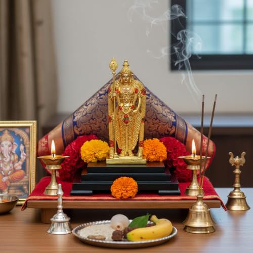 Image of Gold Plated Murugan Swami Idol for Home Temple & Pooja Room | Decorative Spiritual Showpiece for Office Desk & Devotional Gift