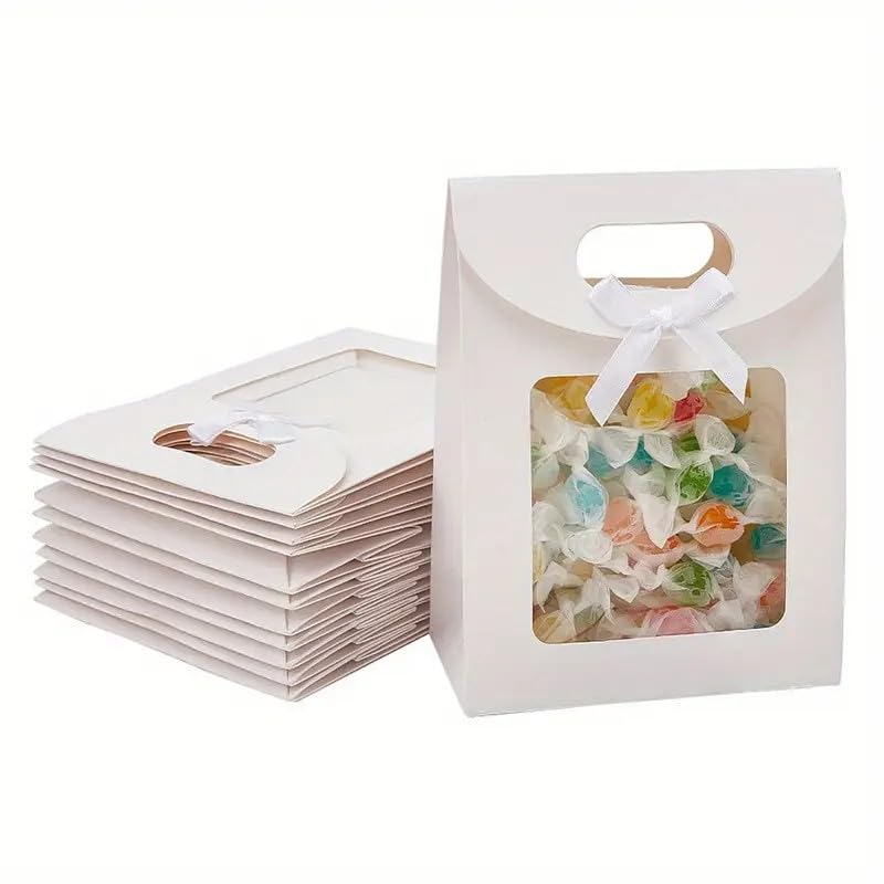 Emartbuy Kraft Gift Bags with Clear Window & Ribbon Handle – Size 1 (20 × 14 × 7 cm) | Pack of 96 | Luxury White Paper Bags for Small Gifts, Weddings & Eco Boutique Packaging