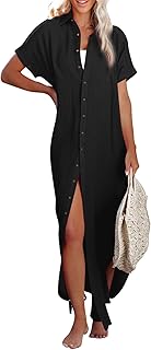 Womens Casual Short Sleeve Button Down Dress Side Split Long Kimonos Cardigans Swimsuit Cover Ups Beach Dress