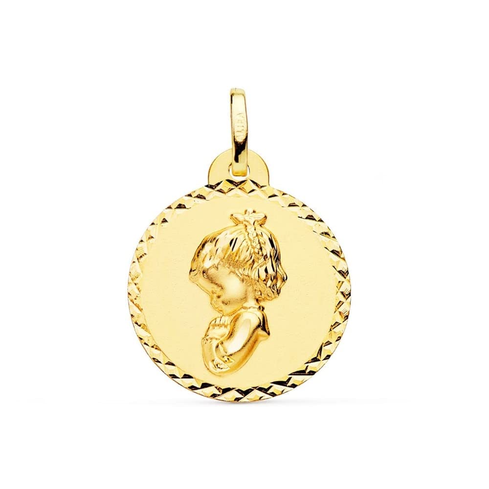 Virgen Niña medalla oro 18k Primera Comunión colgante 20mm. bisel tallado cruzado - Personalizable - GRABACIÓN INCLUIDA EN EL PRECIO