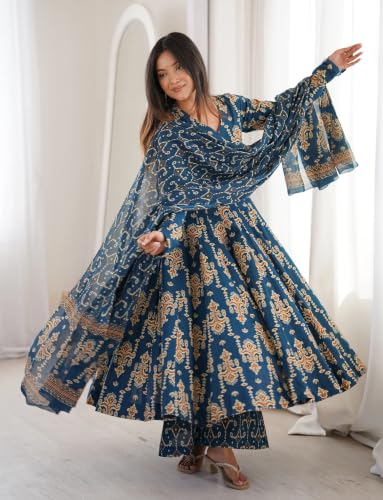Image of Nermosa Women's Printed Anarkali Kurta Set with Dupatta