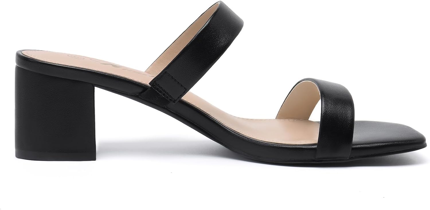Athlefit Women's Two Strap Open Toe Heels Sandals Chunky Block Comfortable Slip On Low Heel Dress Shoes - Image 3