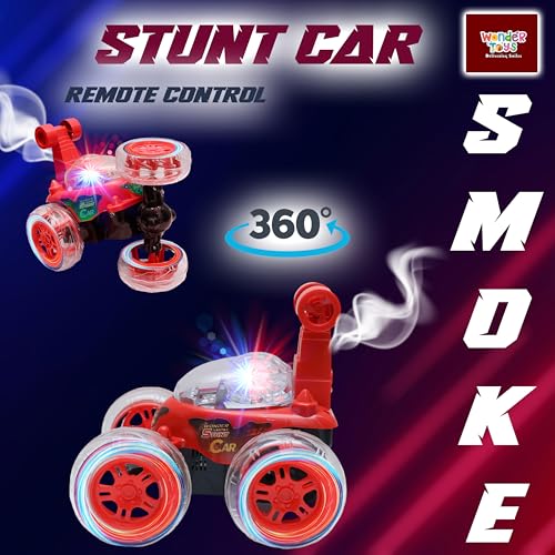 Image of Wonder Stunt Rc Car | Smoke Function and Led Lights | Abs Plastic Body | 360 Degree Spinning Wheels Rechargeable Battery Type C Charging | Remote Control Toy for Kids - Red