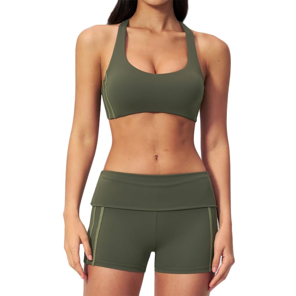 Xyffybhsd Women's Green Solid 2-Piece Yoga Set Soft Seamless Breathable V-Neck Bra High Waist Butt Lift Sports Shorts(Size:m,Color:green)