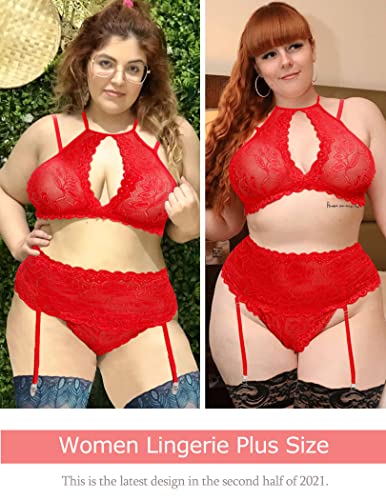 Avidlove Women Lace Garter Lingerie Sexy Bra and Panty Garter Set for Female Plus Size V Neck Lingerie Set with Belt Red 16 Plus - Image 3