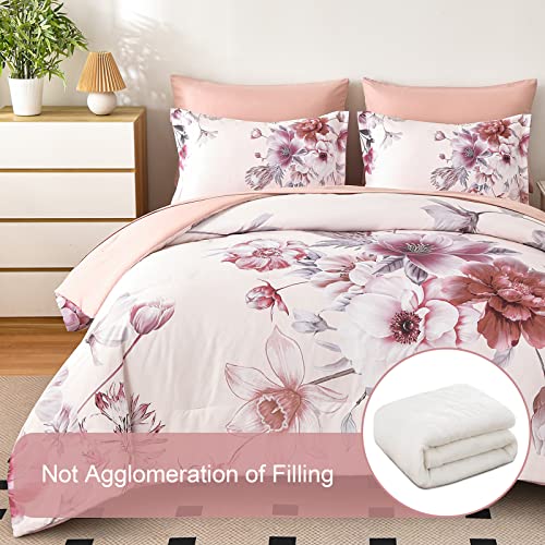 Image of Floral Comforter Sets 7 Piece Bed in a Bag, Soft Lightweight Microfiber Bed Comforter Set with Sheets (Pink,King)