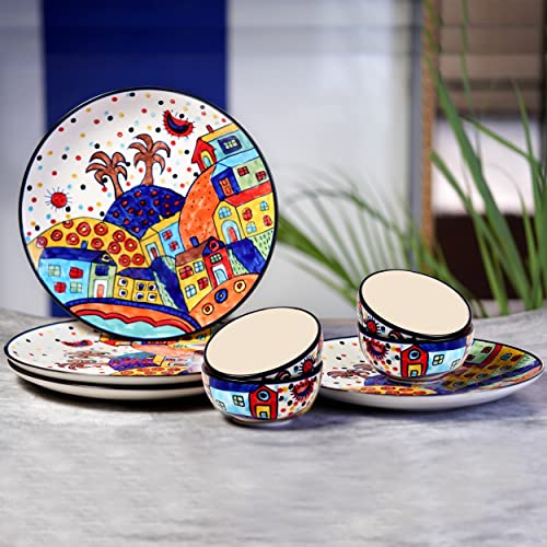 Image of Freakway Hut Family Hand-Painted Glossy Dinner Set Ceramic Stoneware Dinner Set of 8 Pieces | 4 Dinner Plate 10.3 Inch & 4 Serving Bowls 180 Ml | Dishwasher & Microwave Safe - Multicolor