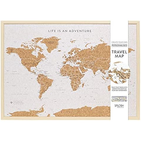 Splosh - Large World Map Pin Board in a White Wooden Frame for Travel. The travel map corkboard comes with 2 sets of pins to personalise your world travel adventures Cover