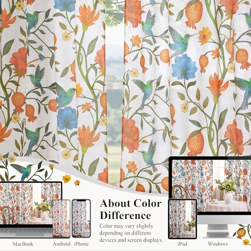 Image of JOOJA 54 Inch Boho Floral Curtains Tropical Bird Print Linen Semi Sheer Window Drapes for Kitchen, Bedroom, Bathroom, Living Room, Dining Room, White