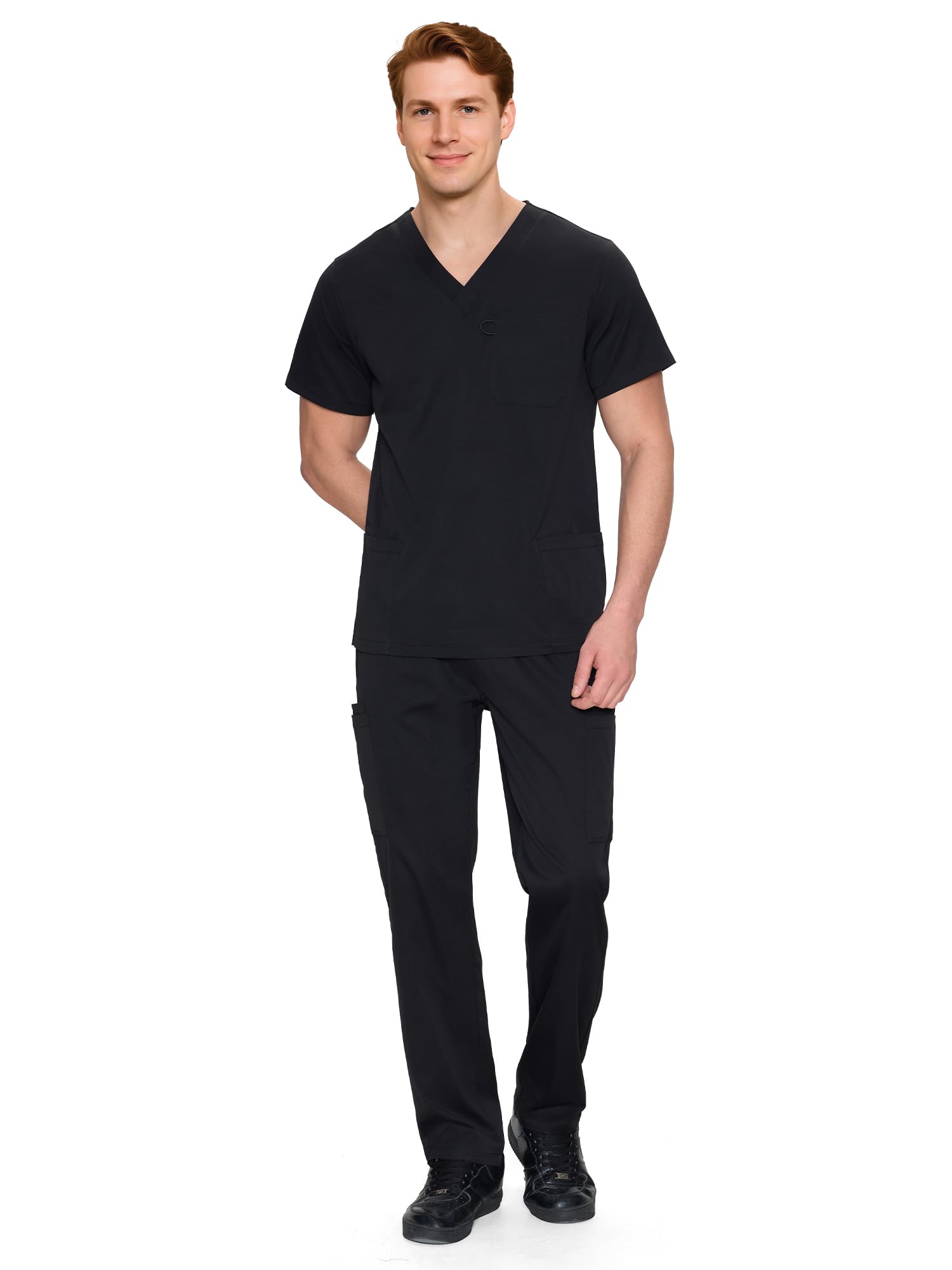 COZYFIT Scrubs for Men Set - V-Neck Scrub Top and Straight Leg Pants with 11 Pockets COZY SCRUBS Black Large