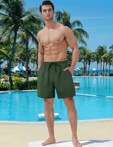 Buauty Mens Swim Trunks with Compression Liner 5 Inch Inseam Quick Dry Swim Shorts Mens Swimsuit Board Shorts with Pockets Army Green2