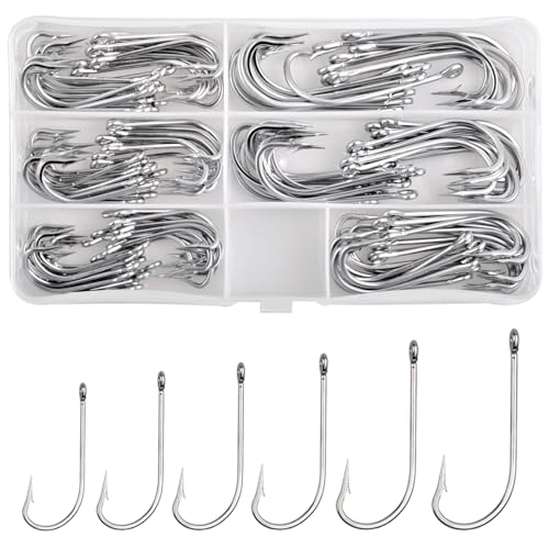 Saltwater Fishing J Hooks, 120pcs Stainless Steel O'Shaughnessy Forged Long Shank Fishing Hooks Extra Strong Trolling Hooks for Saltwater Freshwater Fishing