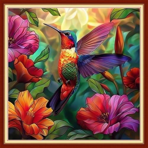 Image of Funchey Stamped Cross Stitch Kits, DIY Cross Stitch Pattern for Adults Beginners Needlepoint Kits Embroidery Kit Arts and Crafts 11CT-Hummingbird Flowers 18x18 inchs