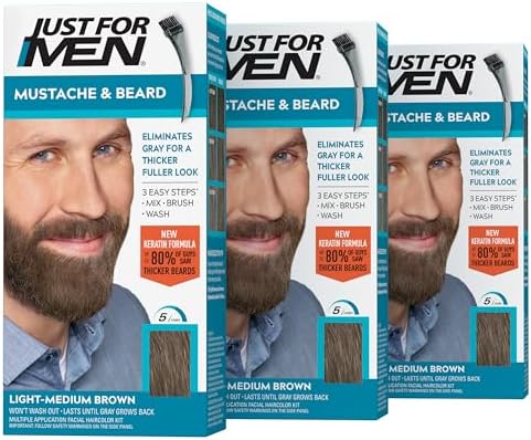 Just For Men Brush-In Color Gel Mustache & Beard Color, 72.6g (Pack of 3) - Light-Medium Brown