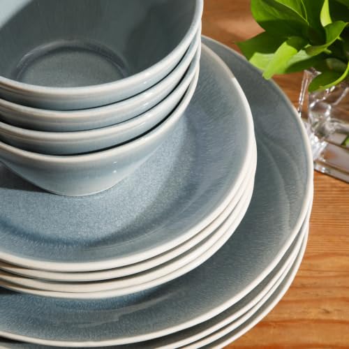 Image of Gibson Elite Plates and Bowls Set, 12 Piece Stoneware Dinnerware for 4 | River Delta Collection - Ceramic Dishes, Reactive Glaze Ombre Blue, Microwave Safe Dishware, Chip Resistant, Family Dining