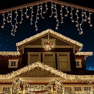 ANSIO® Outdoor Christmas Lights 320 LED 11m/35ft Icicle Lights Outdoor & Indoor Warm White Decorations String Fairy Outside Lights with Timer for Xmas Garden Bedroom & Party|Mains Powered Clear Cable
