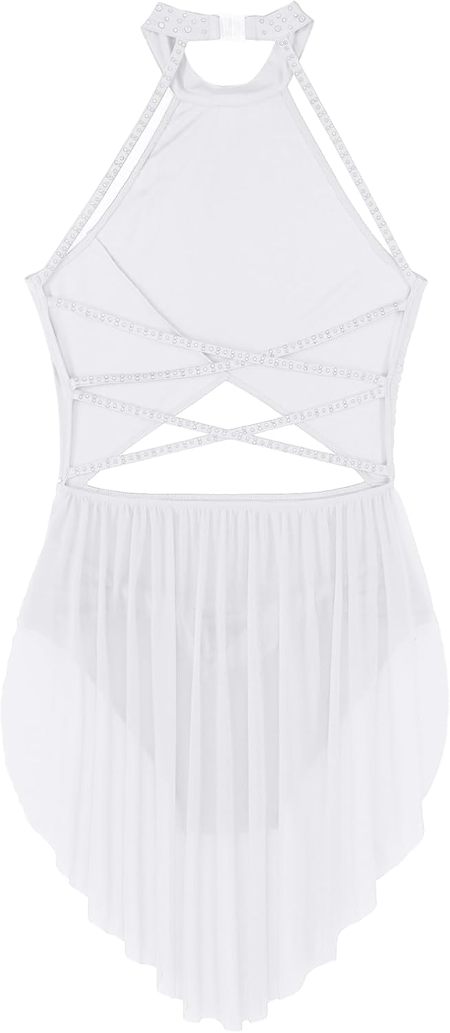 iiniim Women's Sequins Halter Lyrical Dance Costume Glittery Rhinestone Backless Modern Dance Dress