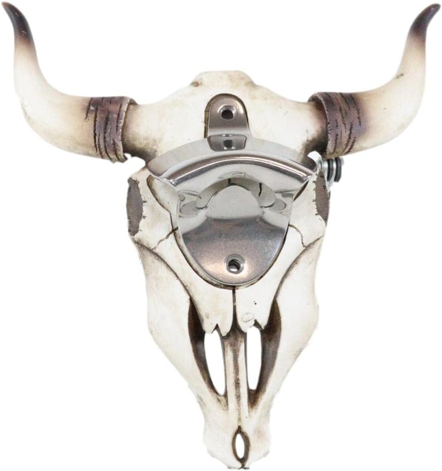 Ebros Gift Rustic Western Tribal Totem Horned Bull Steer Cow Skull Wall Mounted Soda Beer Glass Bottle Cap Stainless Steel Metal Opener Sculpture Ossuary Macabre Man Cave Accent