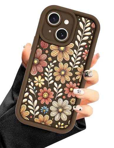 Aitipy Brown Daisy Phone Case for iPhone 15 Plus | Cute Fall Aesthetic Design, Soft Silicone, Slim Fit Full Camera Protection Shockproof Protective Cover for Women Girls