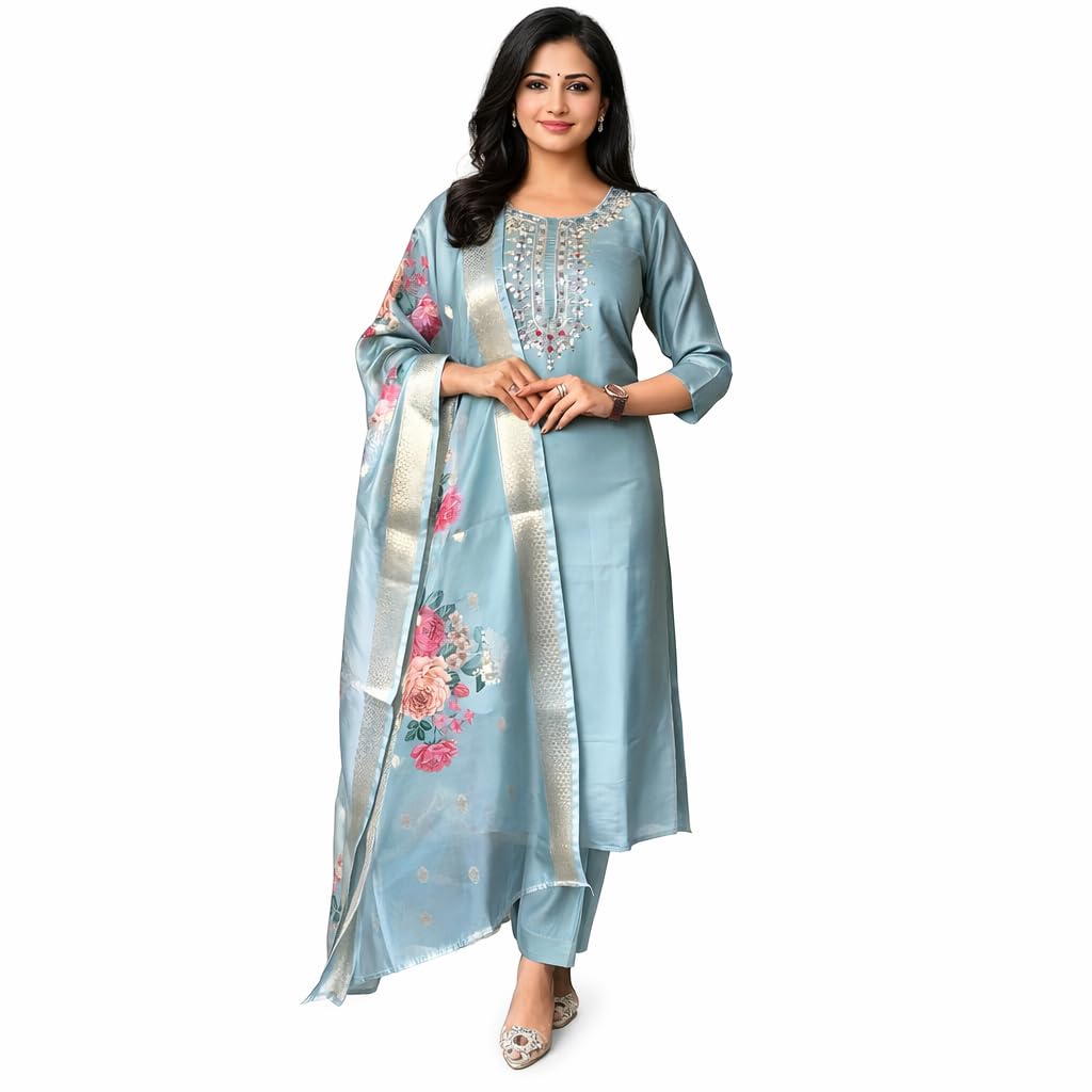 pramukh mart Women Magic Cotton Kurta Pant Dupatta Set | Digital Printed Straight Kurti with Chanderi Dupatta | 3 Piece Ethnic Wear Set (S–XXL)-picture-43