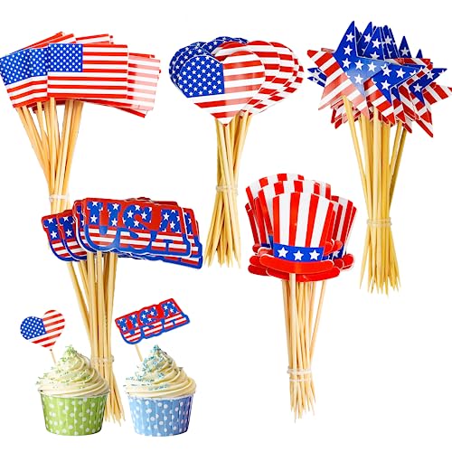 Uptotop 100 Pcs Usa American Flag Us Toothpick Flags, Mini Stick Cupcake Toppers, 4Th Of July, Veterans Day, Country Picks Party Decoration Celebration Cocktail Food Bar Cake Flag (5 Pattern) #TOP10