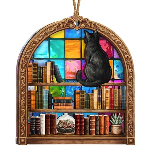 Book Lovers Gifts for Women, Valentines Day Gifts for Teacher, Librarian, Reader, Bookworm, Book Ornament Faux Stained Glass Window Hanging, Bookish Gifts Stocking Stuffer Decor (Library Cat)