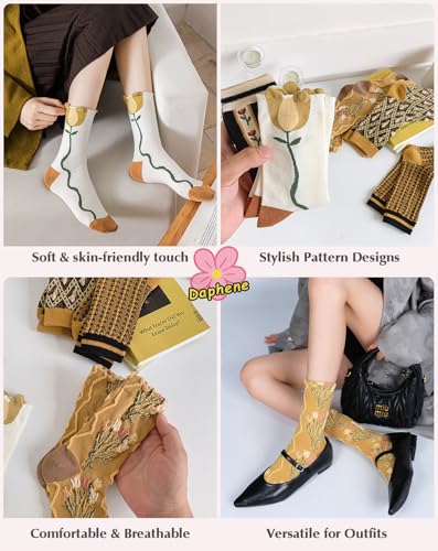 Daphene Womens Retro Floral Socks | Cozy Cotton Vintage Jacquard Patterns | Stretch Breathable Skin-Friendly | Holiday Gift3