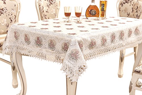 Adasmile A & S Handmade Lace Fabric Crocheted Patterns Tablecloth/Table Cover With Red Flowers For Rectangle Tables For Party,Wedding,Light Brown,60"X90" #TOP17