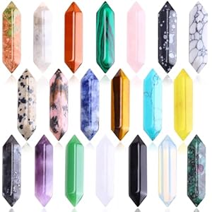 20Pcs Natural Healing Crystal Stoness Set Hexagonal Bullet Shaped Crystal Gemstone Wand Set Real Amethyst Rose Quartz Gems for Healing and Meditation Yoga