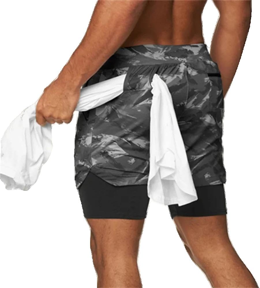 Camo Running Shorts Men in Double-Deck Quick Dry Gym Sport Fitness Jogging Workout Sports Short Pants