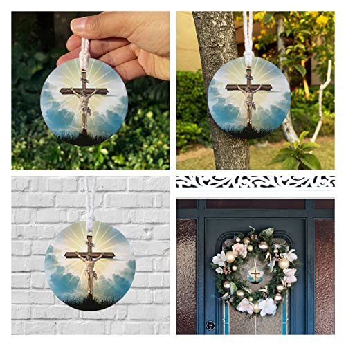 Easter Christian Ornament，Happy Easter Is For Jesus Ornament，Jesus Resurrection Ceramic Ornament，Hanging Keepsake Ceramic For Indoor Outdoor，Spring Ornaments For Tree With Ribbon(Jesus Cross)’(2.9") #TOP6