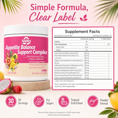 Image of Suiyilary GLP-1 Booster Supplement Powder, Yerba Mate, Natural 9 Plant Extracts, Activate GLP-1 Production, Digestive Gut Healthy for Women Men, Sugar-Free Tropical Fruit Flavor, 30 Servings