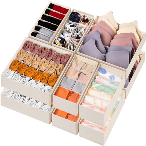 12 Pack Baby Clothes Organizer for Nursery, 116 Cells Fabric Foldable Dresser Closet Organizers and Storage Bins for Clothing, Women Men Underwear Socks, Bra, Ties, Scarf, Belt, Hair Accessories