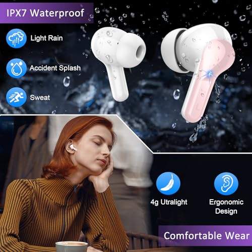 Image of Wireless Earbuds, 48Hrs 2026 Bluetooth Headphones, Hi-Fi Stereo Deep Bass Ear Buds, ENC Noise Cancelling Mic, Clear Calls, IP-X7 Waterproof, USB Sport Earphones in Ear for Phones Laptop Pad, Pink