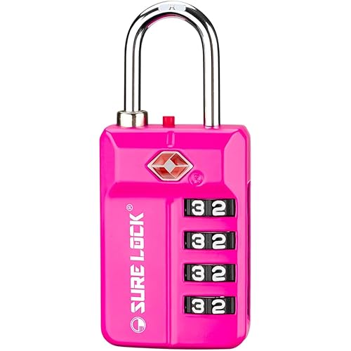 SURE LOCK TSA Approved 4-Digit Resettable Combination Luggage Locks with Open Alert, Easy-Read Dials - for Luggage, School Lockers, Gym, Office, Toolbox & Security Cases (Pink 1 Pack)