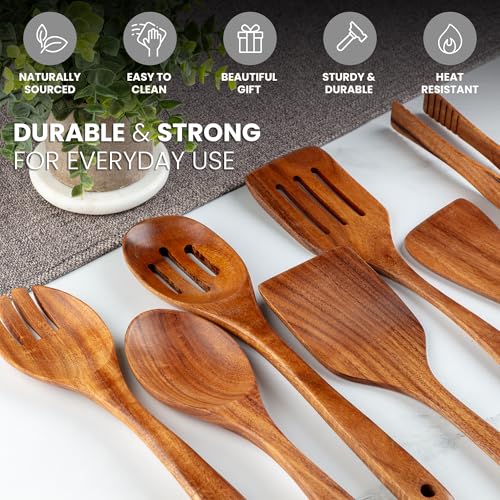 Image of Zulay Kitchen Teak Wood Utensil Set - 7 Piece Wooden Cooking Utensils - Slotted Spoon, Bowl Scraper, Solid & Slotted Turner, Salad Spoon, Fork & Tongs - Durable, Nonstick Safe & Smooth Finish