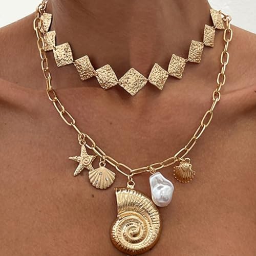 YANCHUN Shell Necklace Gold Starfish Conch Charm Necklaces for Women Trendy Statement Jewelry Dresses Accessories Ocean Beach Stuff Costume Jewelry for Women2